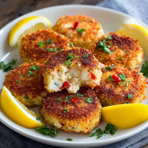 A plate of Crab Shrimp Cakes Coastal Blend with lemon wedges on the side.