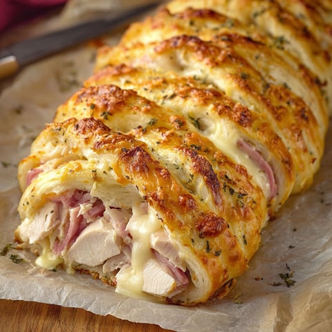A delicious Chicken Ham Swiss Crescent Braid is ready to be served.