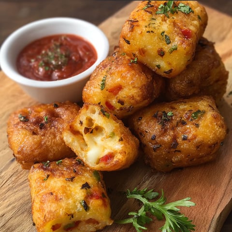A wooden cutting board with a bowl of sauce and a stack of cheesy, breaded, and fried pizza bites.