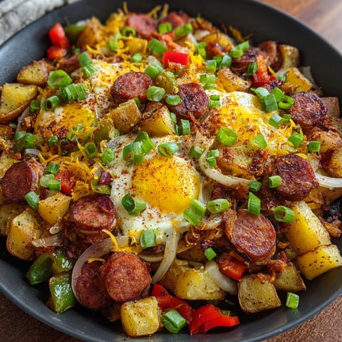 A delicious breakfast skillet filled with potatoes, sausage, and bacon, all cooked together in a savory sauce.