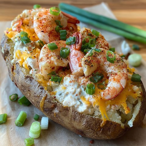A loaded seafood baked potato with shrimp, cheese, and green onions.