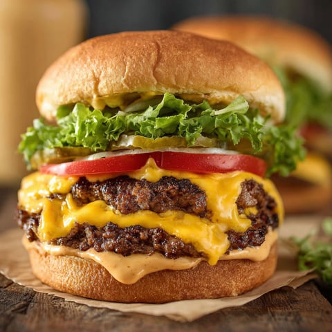 A delicious smash burger with lettuce, tomato, and cheese, all smashed together to create a mouth-watering meal.