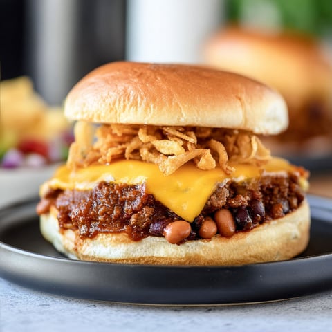 A delicious chili cheeseburger with a generous amount of cheese and beans on top.