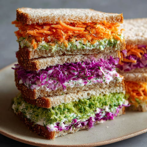 A plate of sandwiches with different colored fillings, including purple cabbage, carrots, and lettuce.