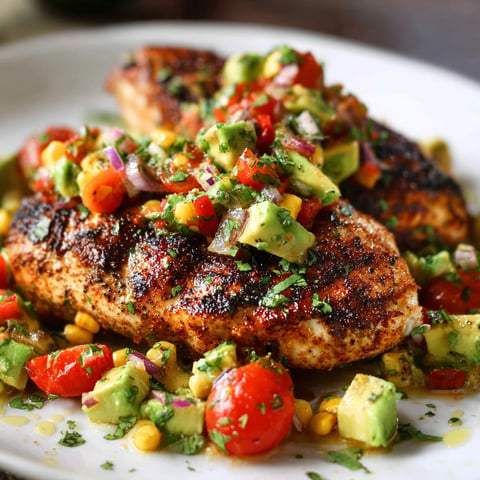 A plate of Fiesta Lime Chicken with Avocado Salsa, featuring a variety of fresh vegetables and herbs.