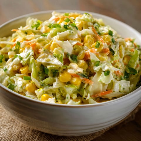 A bowl of Jalapeno Corn Coleslaw is displayed on a table.