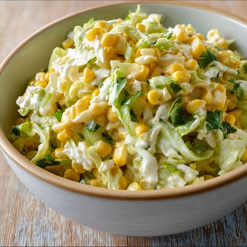 A bowl of Jalapeno Corn Coleslaw is displayed on a wooden table.