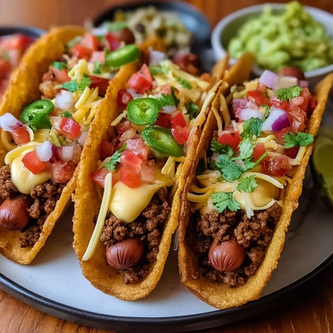 Two delicious air fryer taco hot dogs with cheese and tomatoes, ready to be enjoyed.