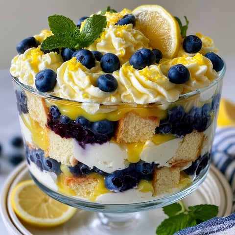 A glass dish filled with a delicious lemon blueberry trifle.