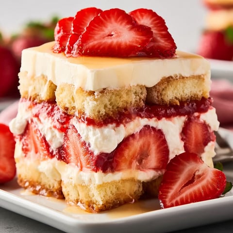 A slice of Strawberry Tiramisu cake with a fork on a plate.