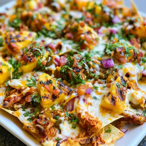 A plate of BBQ Chicken and Grilled Pineapple Nachos.