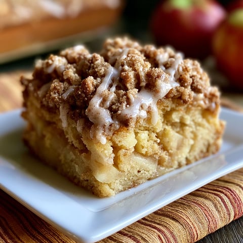 A slice of Apple Crumb Cake with Cinnamon Drizzle on a white plate.