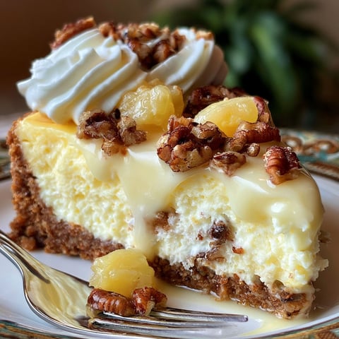 A slice of White Chocolate Pineapple Pecan Cheesecake on a plate.
