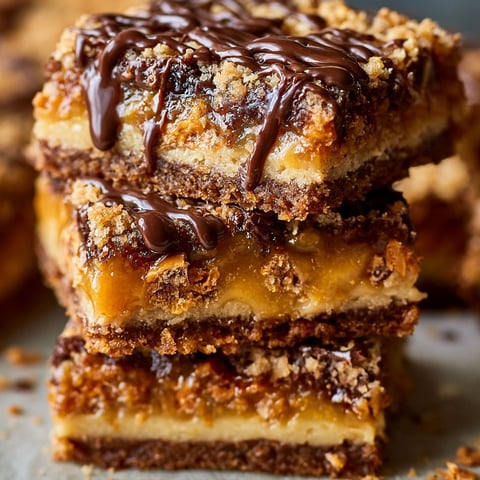 A delicious dessert made with Butterfinger candy and caramel, topped with chocolate drizzle.