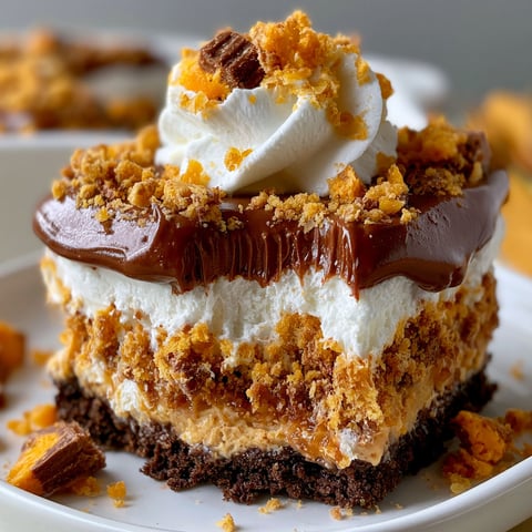 A slice of Butterfinger Lush cake with a dollop of whipped cream on top.